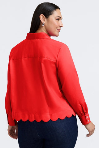 Back view of model wearing the Scarlett Plus Stretch Matte Sateen Long Sleeve Shirt #color_scarlet red