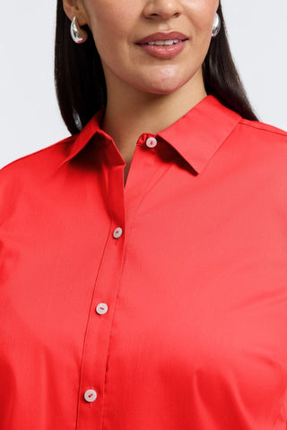 Close up on the collar and buttons of the Scarlett Plus Stretch Matte Sateen Long Sleeve Shirt #color_scarlet red