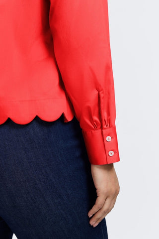 Close up of scalloped hem and triple pleated cuffs on the Scarlett Plus Stretch Matte Sateen Long Sleeve Shirt
#color_scarlet red