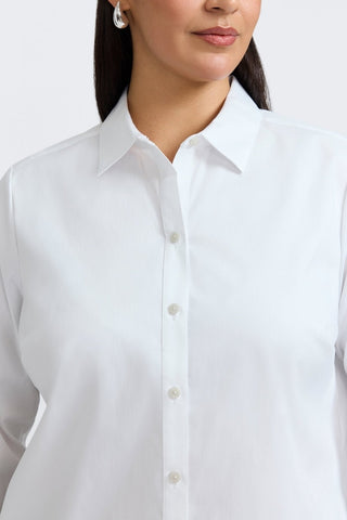 Close up view of the front of the Scarlett Plus Stretch Matte Sateen Long Sleeve Shirt showing off the crisp tailored feel of the shirt #color_white