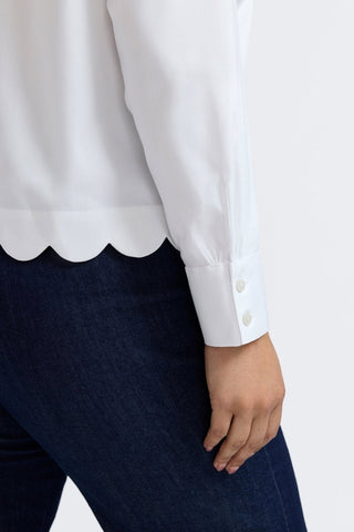 Close up of the triple pleated cuffs and scalloped hem of the Scarlett Plus Stretch Matte Sateen Long Sleeve Shirt
#color_white