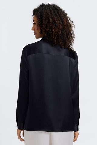 Back of the silk Bianca long sleeve shirt in #color_black