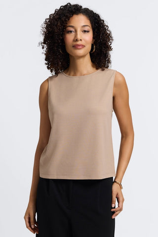 Woman wearing the classic scoop neck side of the Callie knit crepe reversible tank in #color_khaki