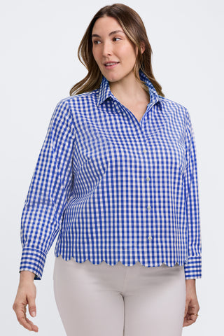 Front view of model wearing the Scarlett Plus Gingham Stretch Matte Sateen Long Sleeve Shirt with a pair of white pants #color_deep sea/white gingham