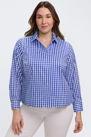 Front view of a model wearing the Scarlett Plus Gingham Stretch Matte Sateen Long Sleeve Shirt #color_deep sea/white gingham