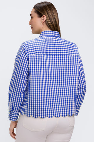 Back view of a model wearing the Scarlett Plus Gingham Stretch Matte Sateen Long Sleeve Shirt #color_deep sea/white gingham