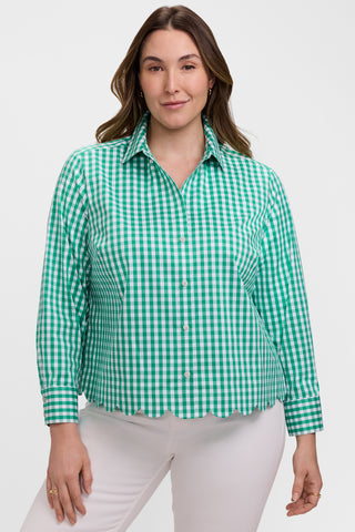 Front view of the Scarlett Plus Gingham Stretch Matte Sateen Long Sleeve Shirt
#color_kelly green/white gingham