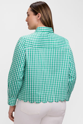 Back view of model wearing the Scarlett Plus Gingham Stretch Matte Sateen Long Sleeve Shirt with a pair of white pants #color_kelly green/white gingham