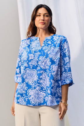 Vena Plus Woodblock Floral 3/4 Sleeve Popover Shirt