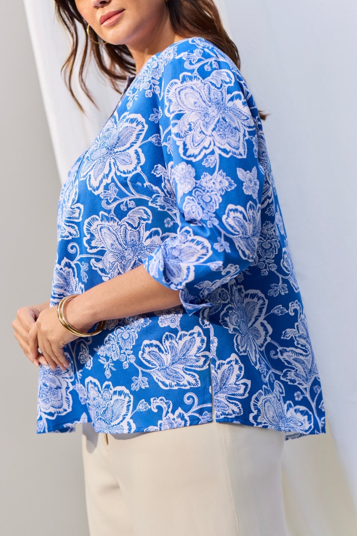 Vena Plus Woodblock Floral 3/4 Sleeve Popover Shirt