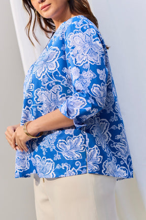 Vena Plus Woodblock Floral 3/4 Sleeve Popover Shirt