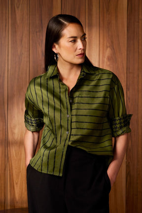 Marina Stripe & Houndstooth Long Sleeve Short Shirt