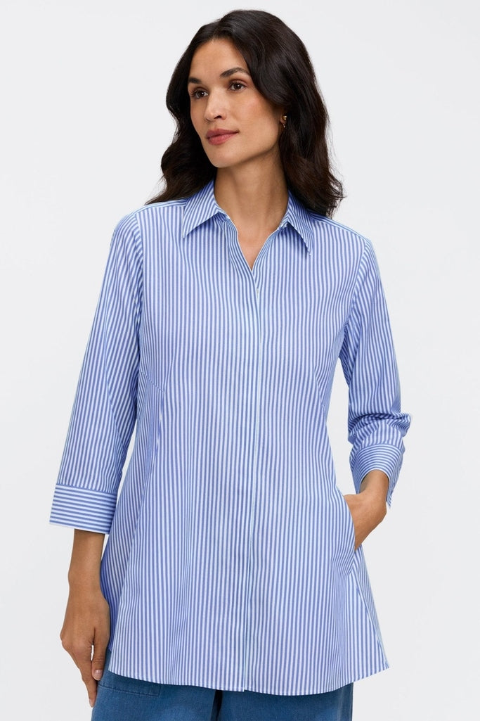 Cici no iron pinpoint striped 3/4 sleeve tunic in #color_Powder blue pinpoint stripe