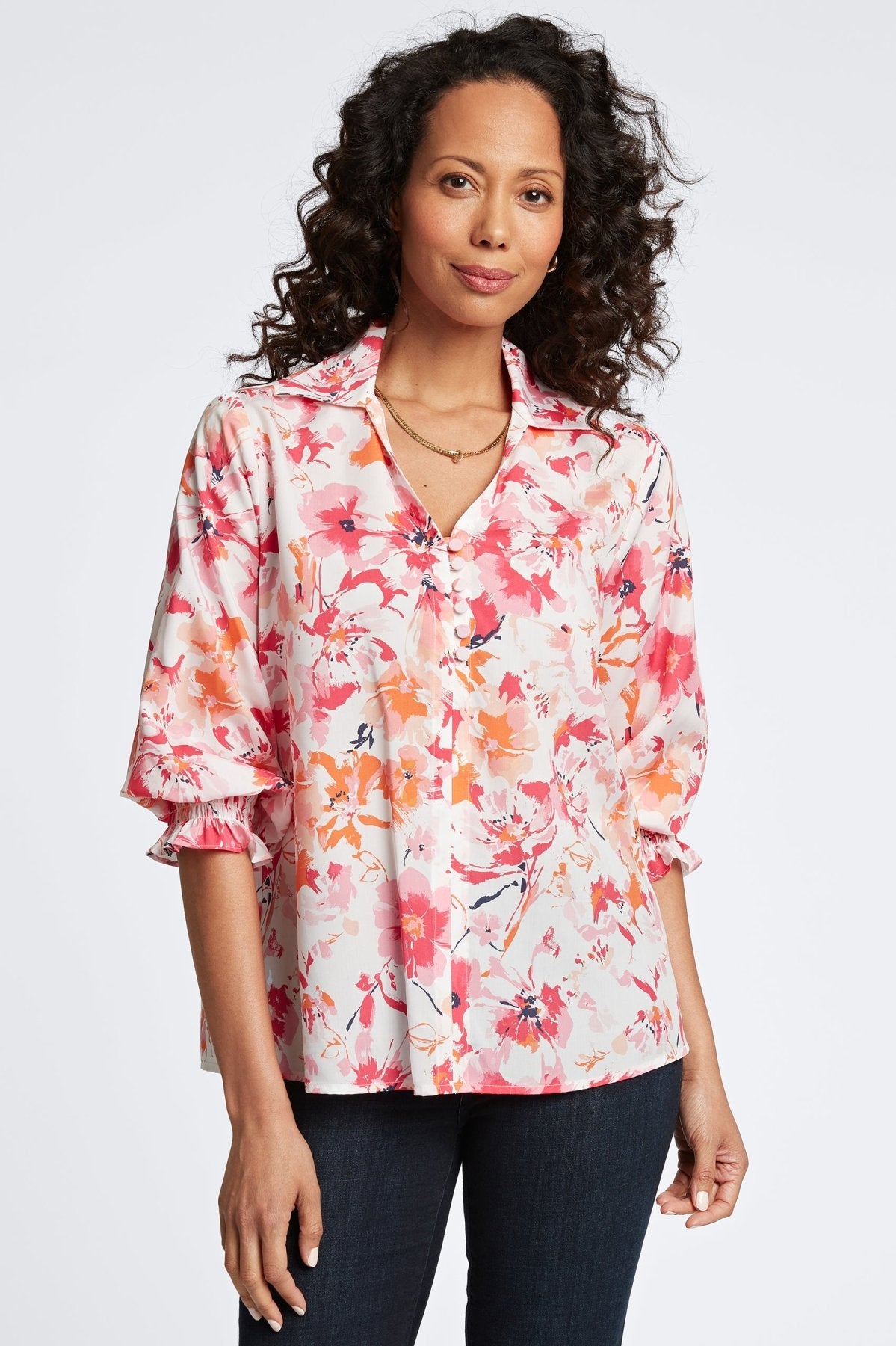 Alexis Watercolor Floral 3/4 Sleeve Popover Shirt