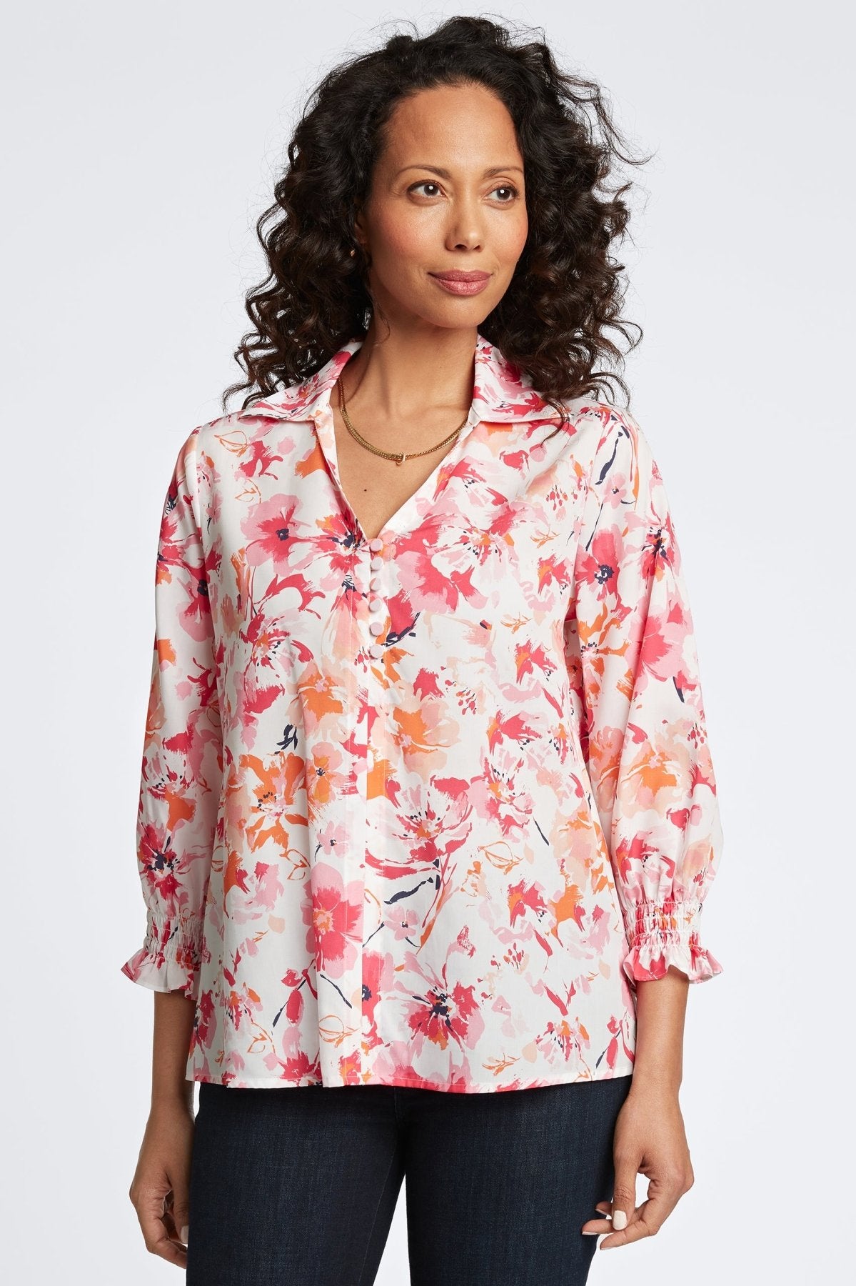 Alexis Watercolor Floral 3/4 Sleeve Popover Shirt