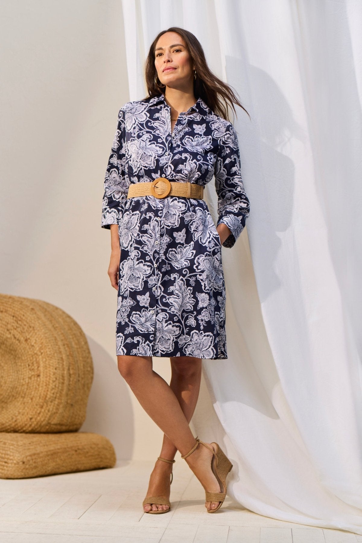 Rocca Woodblock Floral 3/4 Sleeve Dress