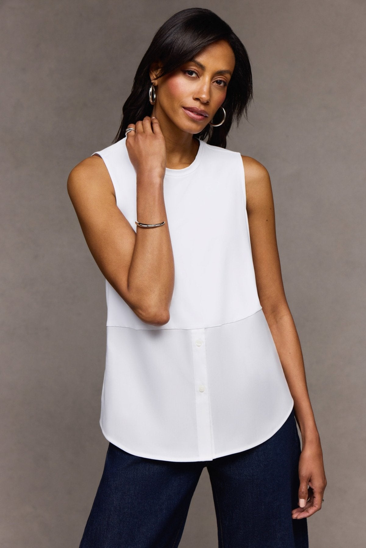 Jesse Knit-Woven Crew Cut Sleeveless Layering Tank- Foxcroft
