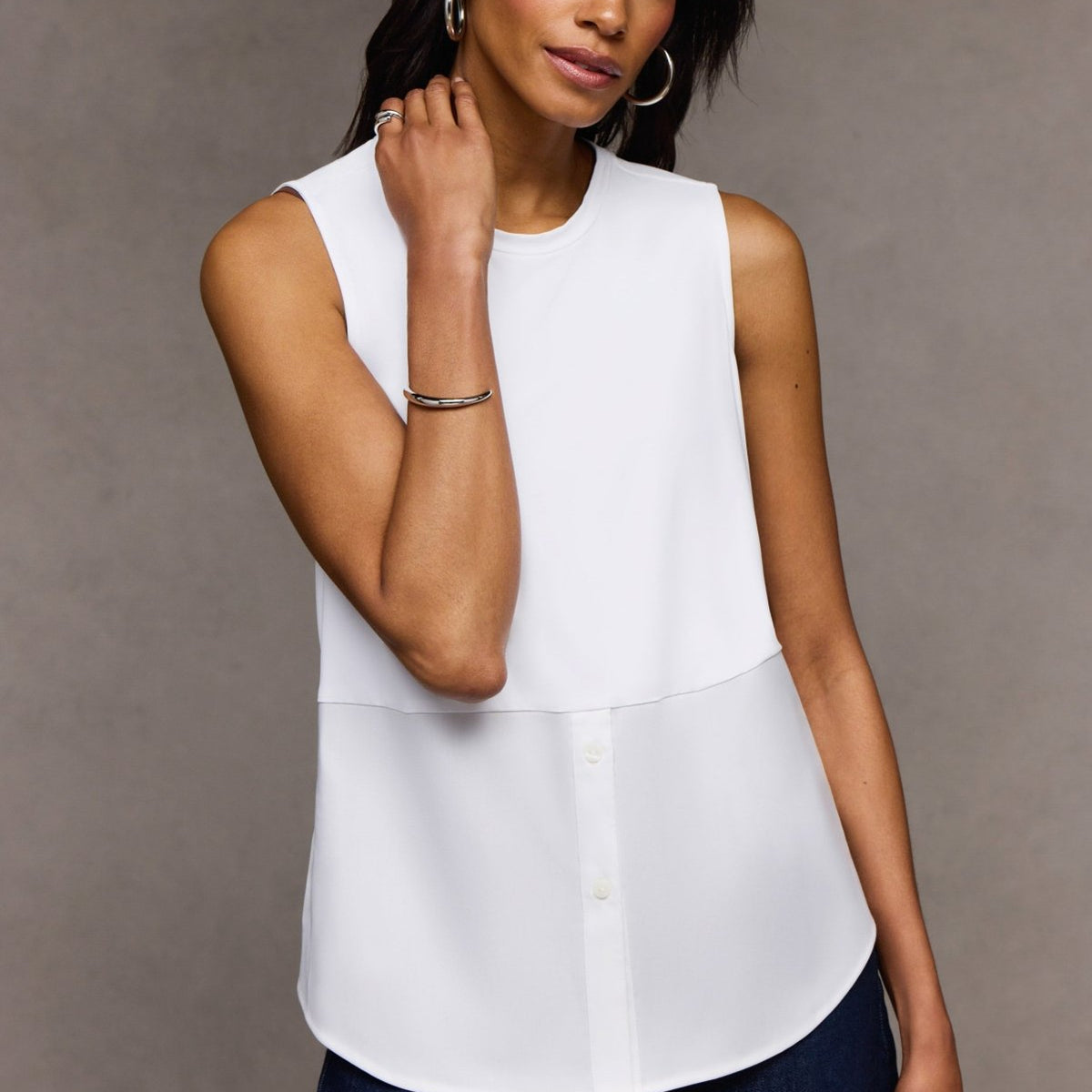 Jesse Knit-Woven Crew Cut Sleeveless Layering Tank- Foxcroft