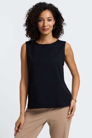 Front view of a woman wearing the Callie knit crepe reversible sleeveless tank in #color_black