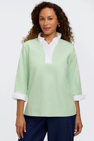 Front view of the 3/4 sleeve pinpoint striped shirt #color_mojito pinpoint stripe