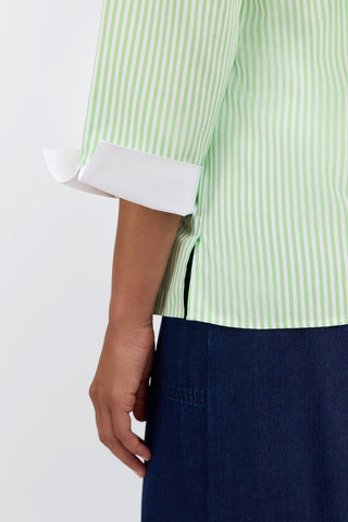 Close up view of the 3/4 length sleeves and crisp white arm cuff #color_mojito pinpoint stripe