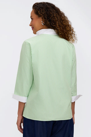 Back view of the pinpoint striped shirt worn untucked #color_mojito pinpoint stripe