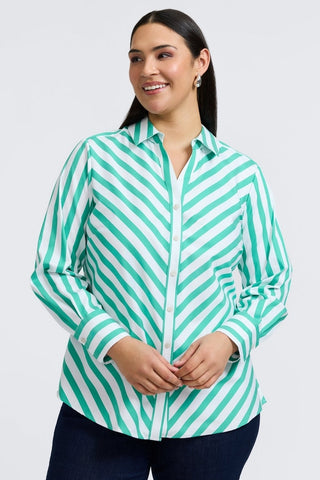 Plus-sized woman in a button down shirt with kelly green stripes, designed in a flattering fit that transitions from work to weekend.