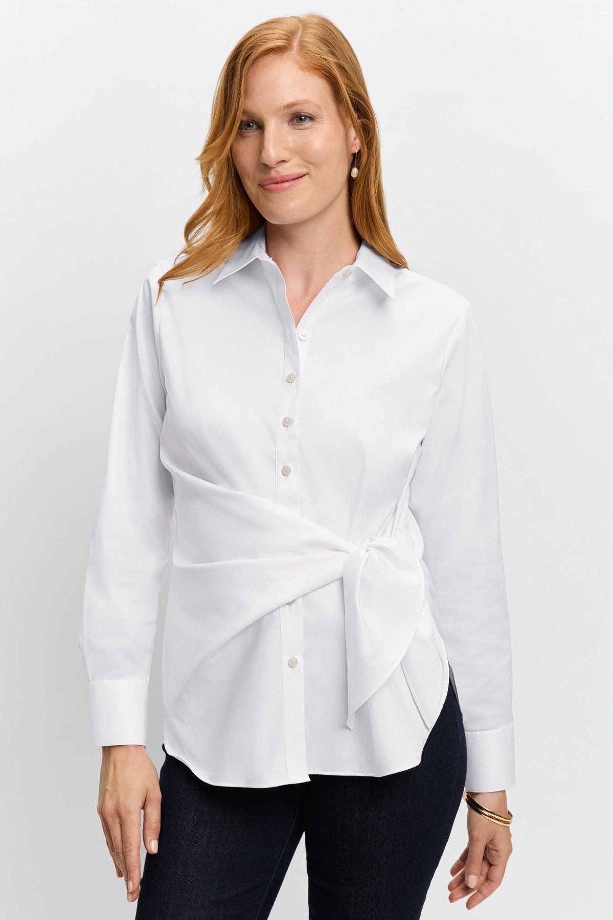 Woman in Foxcroft tailored long-sleeve white shirt with modern polish