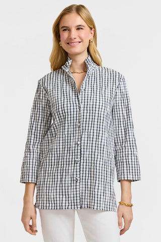 Front view of 3/4 sleeve crinkle shirt jacket buttoned up #color_White/Black