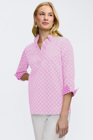 Angled front view of the Tammy Petite Geo Lattice 3/4 Sleeve Popover Shirt
 worn with the cuffs folded back #color_pink/white geo lattice