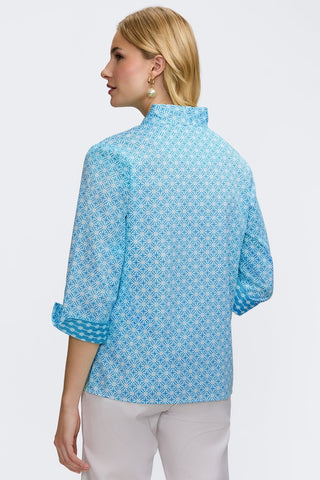 Back view of a model wearing the Tammy Petite Geo Lattice 3/4 Sleeve Popover Shirt #color_blue/white geo lattice