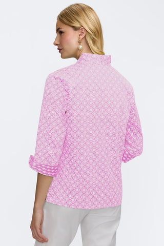 Back angle of model wearing the Tammy Petite Geo Lattice 3/4 Sleeve Popover Shirt #color_pink/white geo lattice