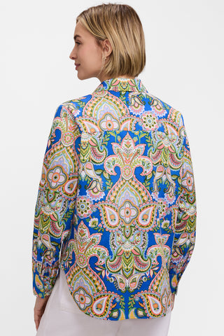 Back view of model wearing the Meghan Garden Paisley Long Sleeve Shirt
