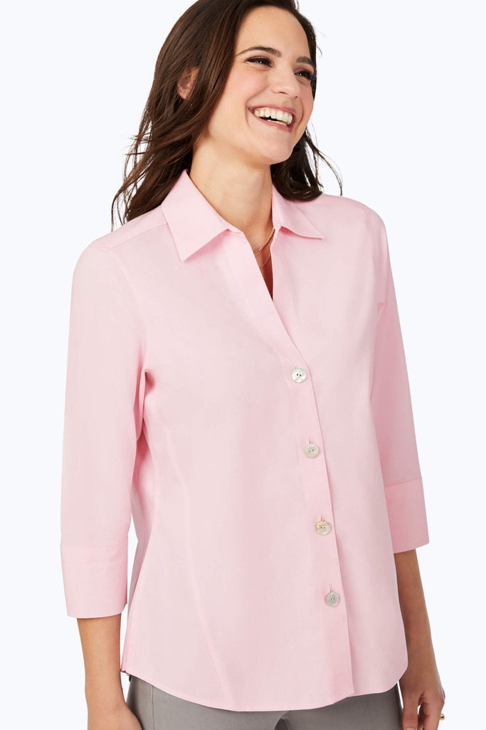 Paityn 100% cotton pinpoint 3/4 sleeve shirt in #color_chambray pink