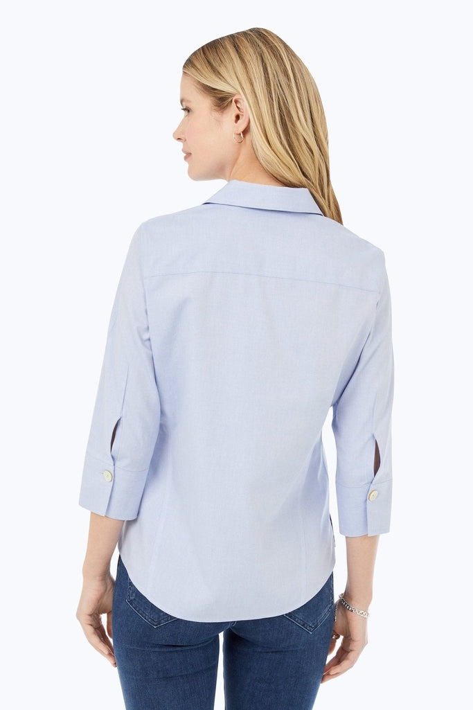 Rear view of the Paityn pinpoint 3/4 sleeve shirt in #color_blue wave