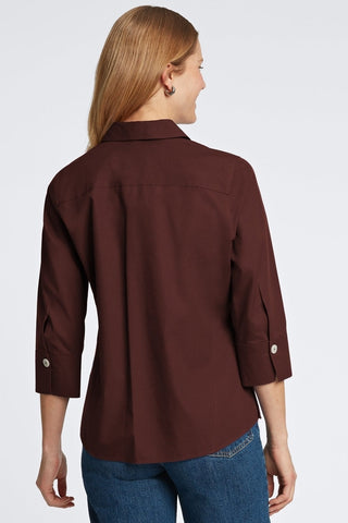 Rear view of the Paityn pinpoint 3/4 sleeve shirt in #color_chicory coffee