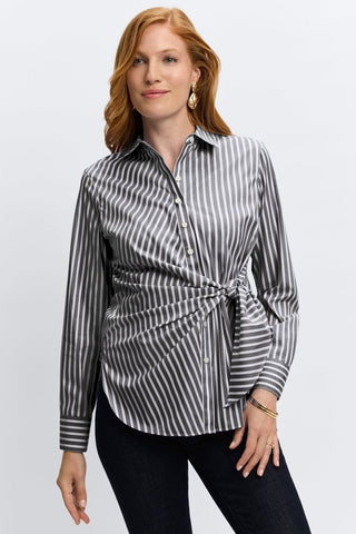 Woman in Foxcroft timeless black and white striped button-down shirt for everyday wear
