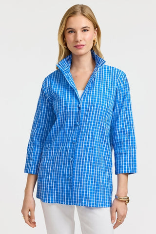 Front view of model wearing the windowpane textured fabric crinkle shirt jacket #color_Cobalt Blue/White