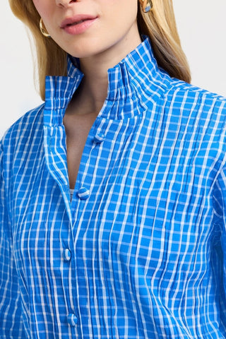 Close up view of the fabric covered buttons and the ruffle collar #color_Cobalt Blue/White