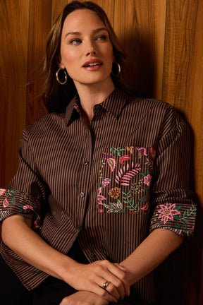 Marina Floral Stripe Long Sleeve Short Shirt