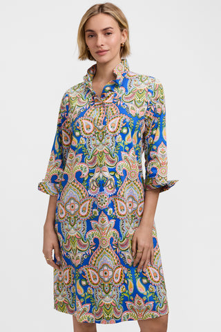 Front view of model wearing the Tammy Garden Paisley 3/4 Sleeve Dress with cuffs folded back 
