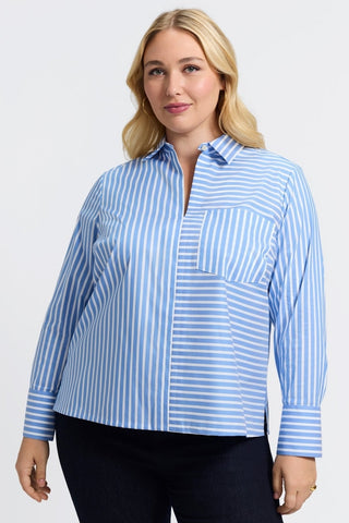 Front view of the Bella Plus Striped Long Sleeve Shirt with collar unbuttoned to look more like a pullover style
#color_periwinkle/white