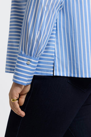 Close up of the triple-pleated cuffs that give the Bella Plus Striped Long Sleeve Shirt a tailored look #color_periwinkle/white