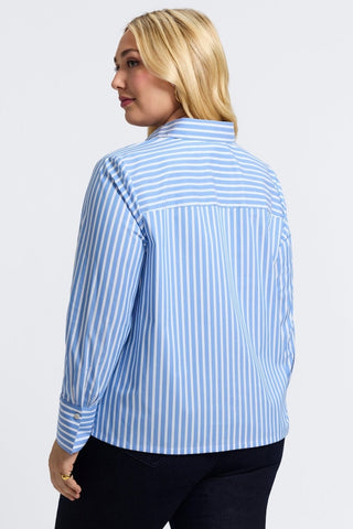 Back view of the Bella Plus Striped Long Sleeve Shirt showing the dimension of the striped pattern #color_periwinkle/white