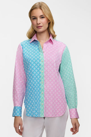 Front view of the Meghan Geo Lattice Colorblock Long Sleeve Shirt showing the vibrant hues of the shirt 