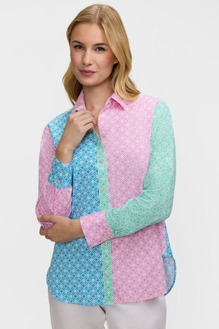 Front view of model wearing the Meghan Geo Lattice Colorblock Long Sleeve Shirt untucked