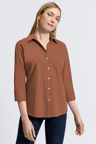 Front view of woman wearing the Mary No Iron Stretch 3/4 Sleeve Shirt #color_macchiato