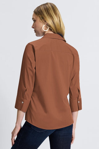 Back view of a woman wearing the Mary No Iron Stretch 3/4 Sleeve Shirt #color_macchiato
