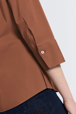 Angled close up view of the 3/4 sleeve and shell buttoned cuff of the Mary No Iron Stretch 3/4 Sleeve Shirt #color_macchiato