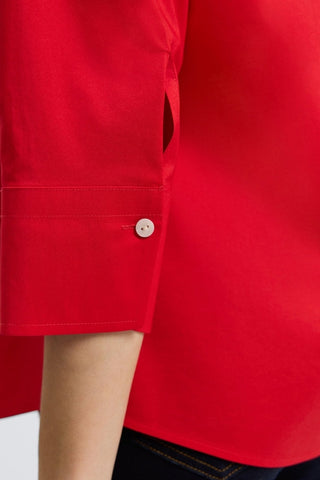 Zoomed in view on the shell buttoned cuff of the Mary No Iron Stretch 3/4 Sleeve Shirt #color_simply red